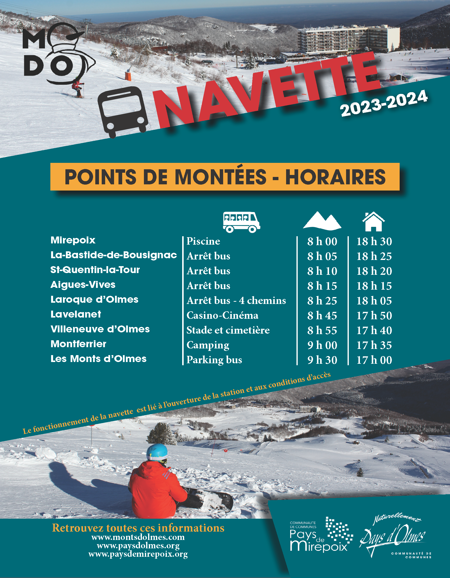 Horaires de montée de la navette des Monts d'Olmes hiver ski